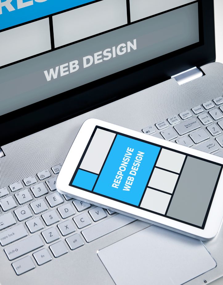Web design image, showing responsive screen on mobile and desktop computure